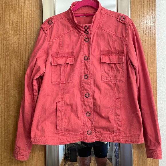 Maurice’s XL coral colored moto style denim jacket snap detail 4 pockets - Picture 1 of 11